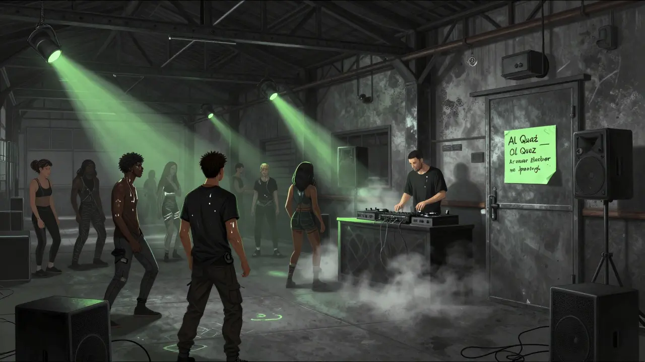 Underground techno club in Al Quoz with fog, strobes, and industrial concrete walls.