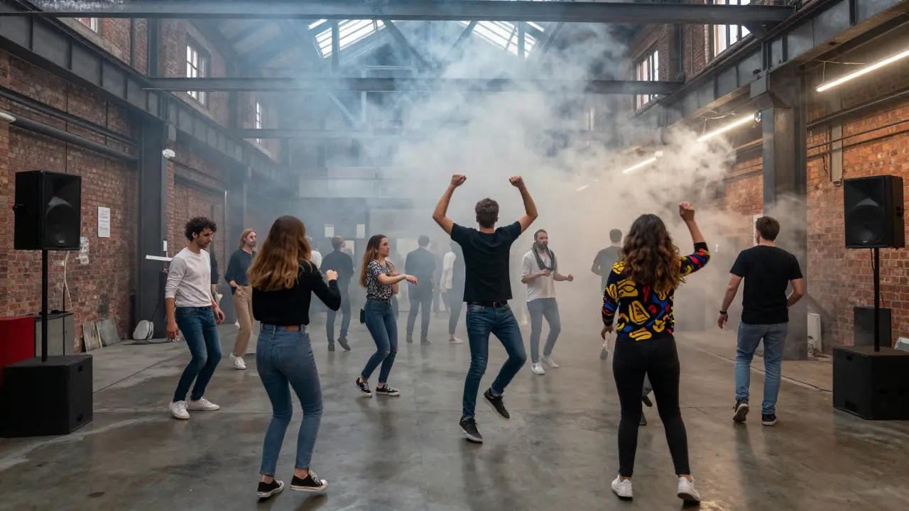 Warehouse club with vibrant crowd dancing under industrial lights and powerful speakers.