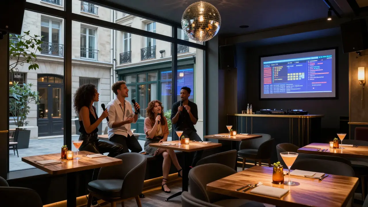 Young professionals singing a duet in a sleek Paris karaoke bar with courtyard views and elegant cocktails.