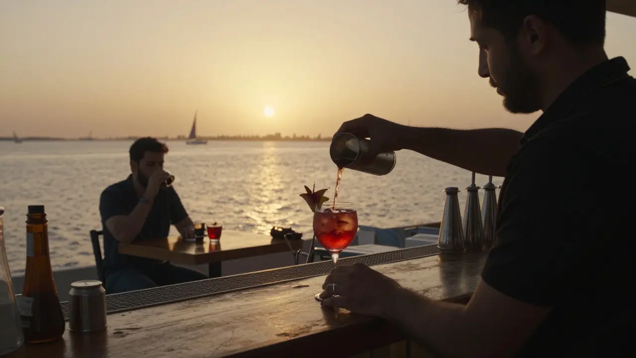 A bartender mixing a signature sunset cocktail at a waterfront bar in Abu Dhabi as golden hour light reflects off the water.