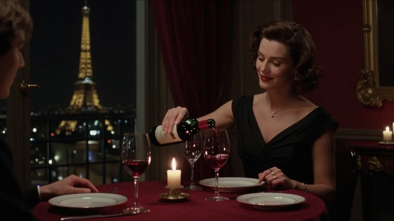 A candlelit dinner for two in a private Paris apartment, with the Eiffel Tower visible through the window.