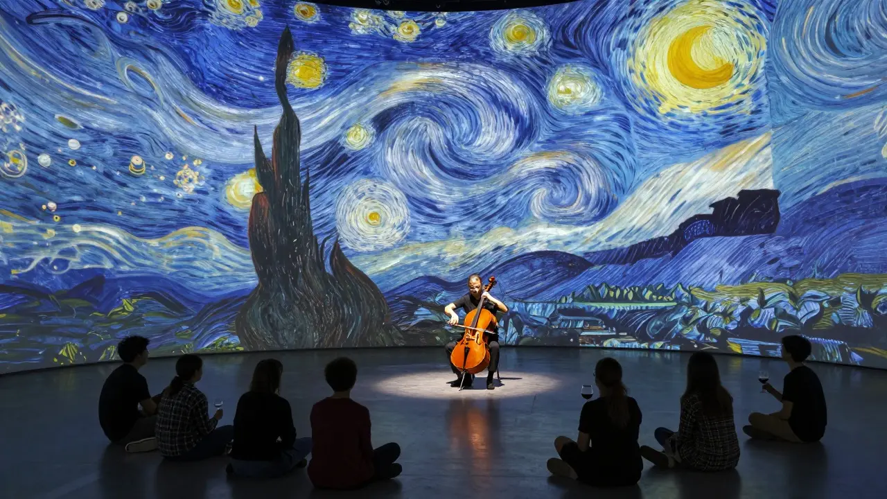 A cellist performs in Tate Modern's Turbine Hall as swirling Van Gogh projections fill the walls.