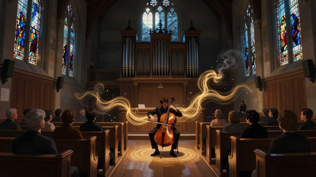 A cellist plays in Union Chapel as stained glass glows and sound waves ripple through silent, reverent attendees.