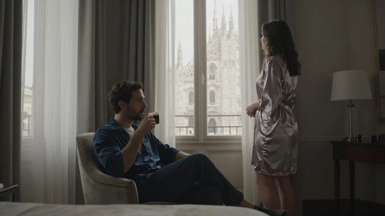 A client and escort share a serene moment in a luxury hotel room, gazing at Milan’s Duomo as morning light fills the space with calm elegance.
