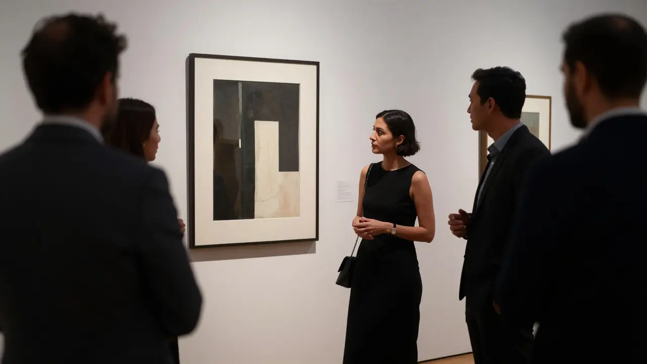 A companion and client engaging thoughtfully in a private art gallery setting, surrounded by cultural exhibits.