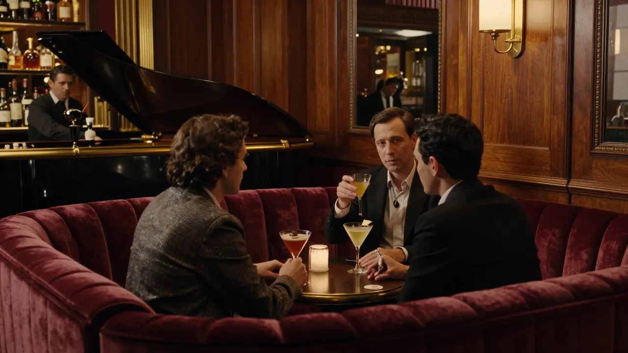 A couple chatting in a dimly lit, elegant bar with velvet booths and a jazz pianist in the background.