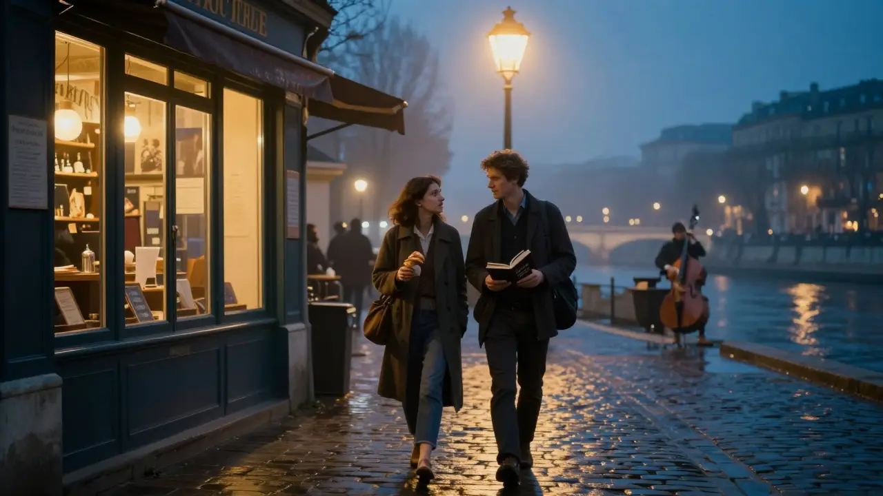 A couple walks the Seine at night, passing an old bookstore, lamplight reflecting on wet stones.