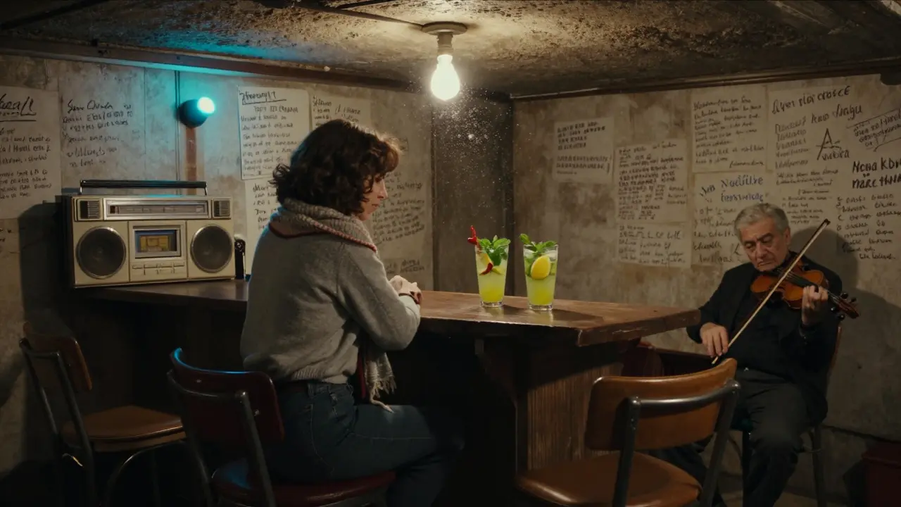 A cozy basement bar in Kadıköy with handwritten notes on the walls and a woman serving spiced limonata.