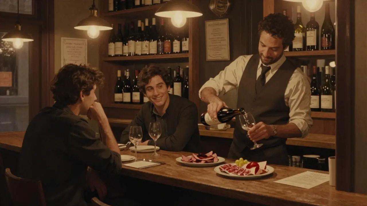 A cozy bistro interior with a sommelier pouring wine and patrons sharing food under warm, dim lighting.