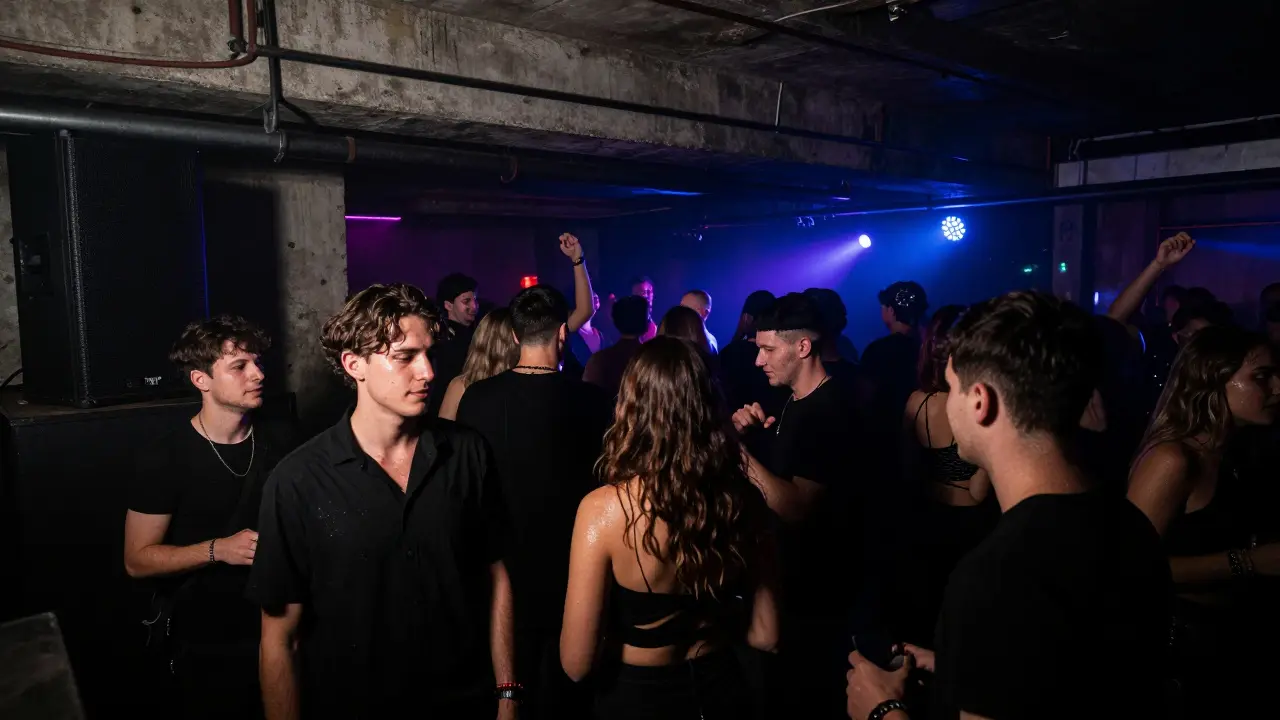 A crowd dancing in a dark underground club with pulsing lights and intense bass vibrations.