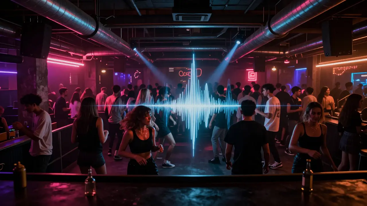 A crowded industrial nightclub with dancers under pulsing lights, exposed pipes, and vibrant energy at midnight.