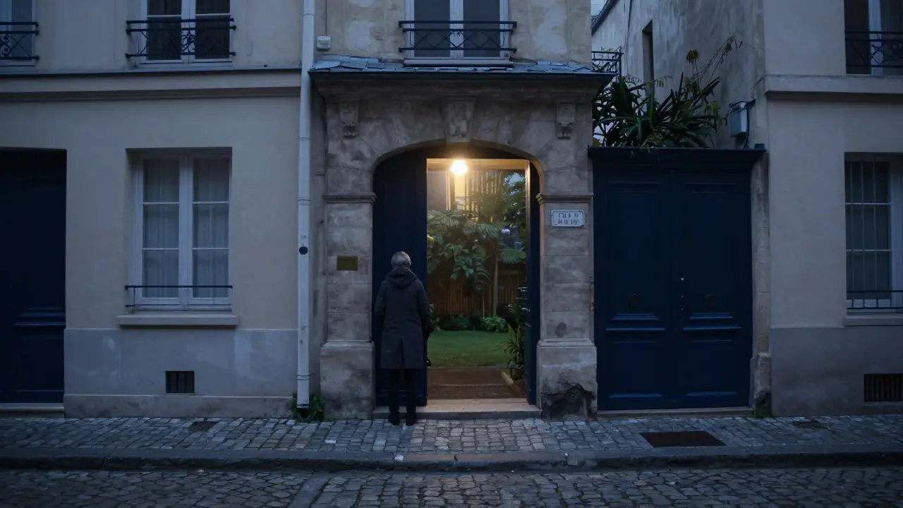 A discreet Parisian hotel entrance on a quiet street at dusk, no signage, private garden in the background.
