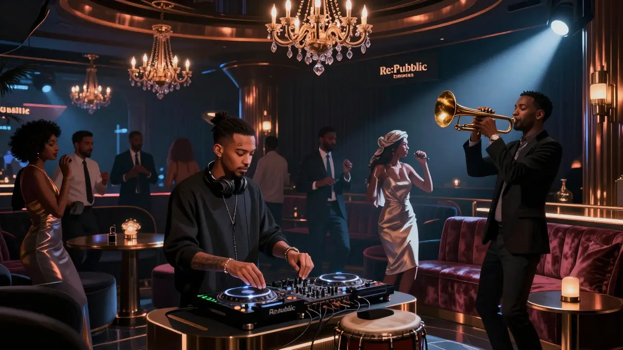 A diverse crowd dancing in a luxury nightclub with live musicians blending Afrobeat and Arabic percussion.