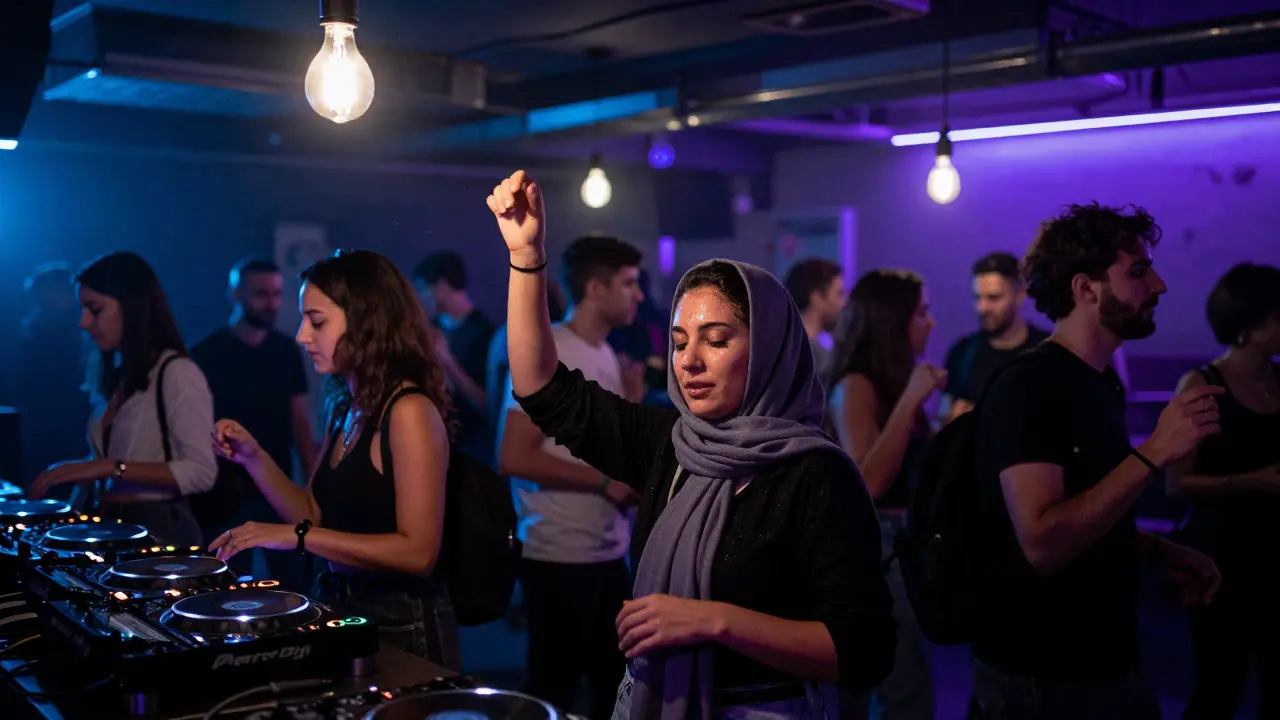 A diverse crowd dancing to techno music in a dim, industrial warehouse club in Haliç, Istanbul, under hanging light bulbs.