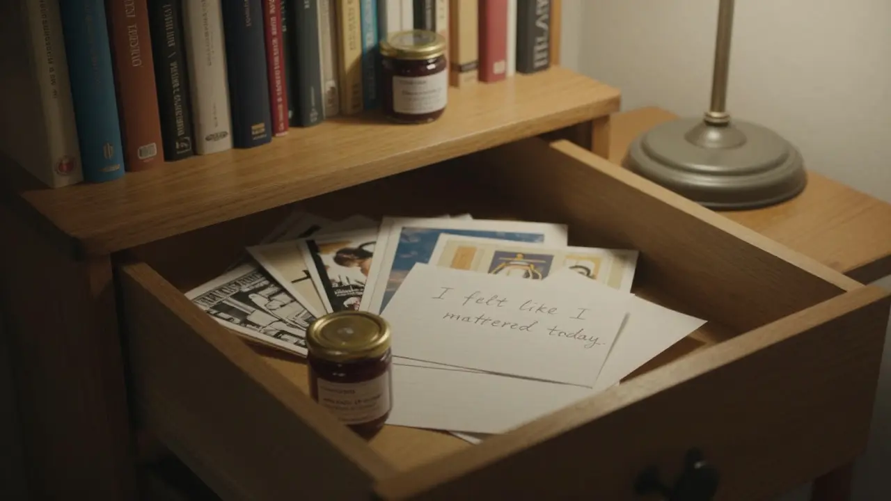 A drawer holds handwritten letters and small gifts from clients, symbols of genuine human connection.