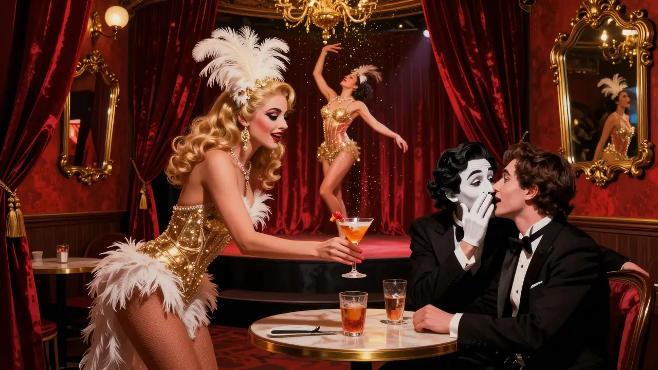 A glittering showgirl offering a cocktail at The Box Soho, burlesque performers on stage, warm crimson lighting filling the intimate room.