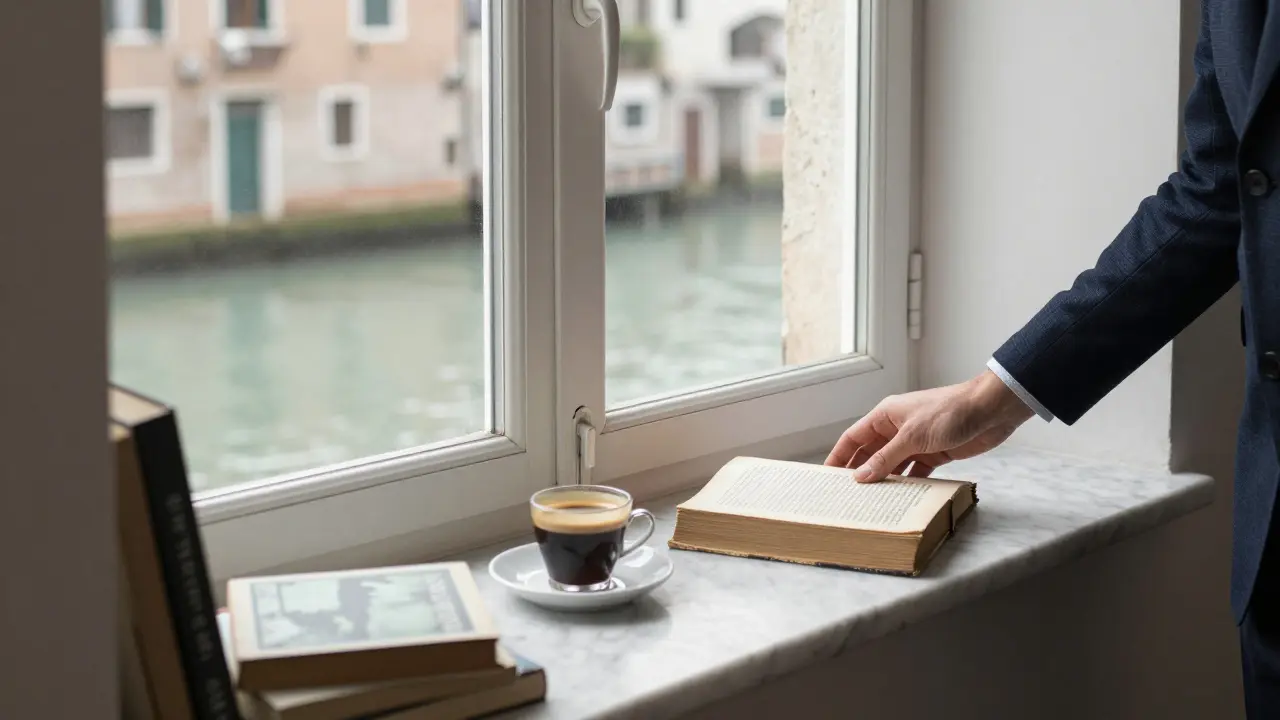 A hand places a book beside an espresso cup on a windowsill overlooking Milan's Navigli canal.