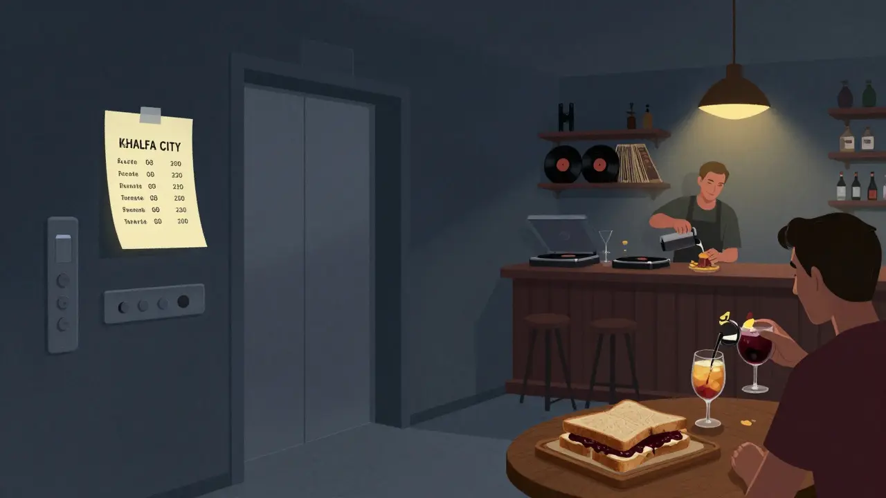 A hidden bar on the 12th floor of a residential building, with a sticky note code and vinyl records spinning under warm dim lights.