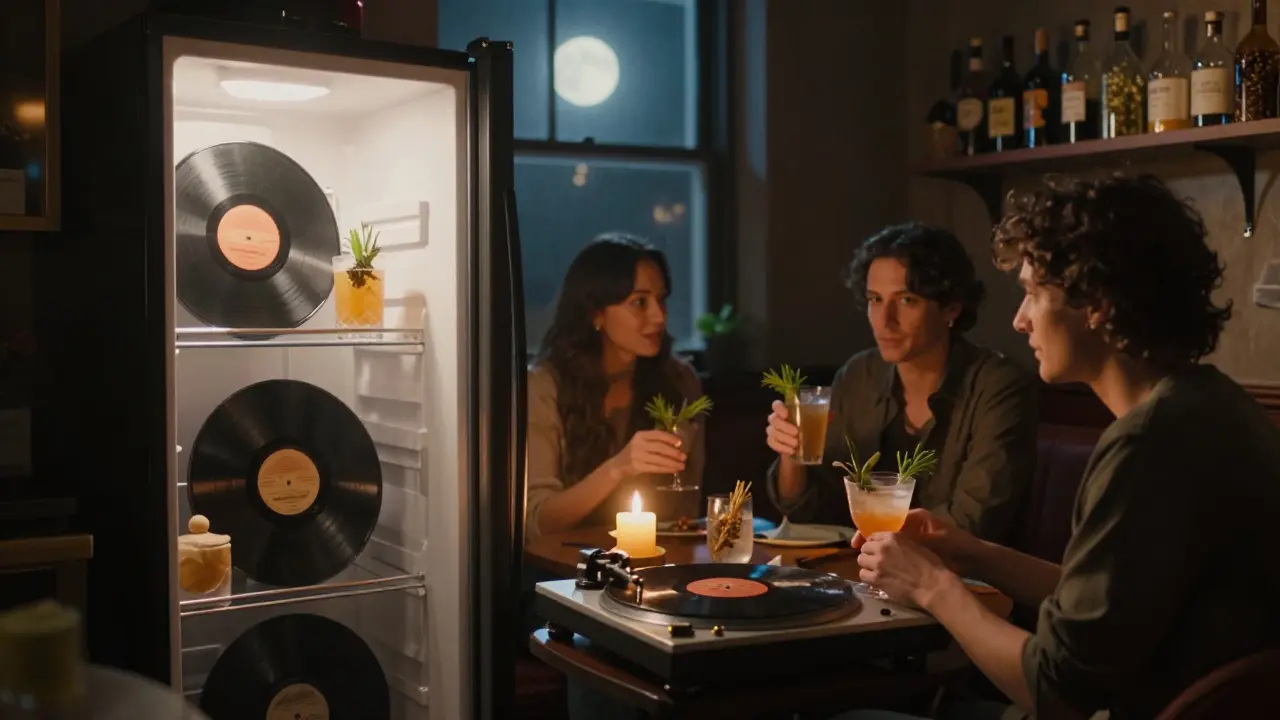 A hidden speakeasy with candlelight, vinyl records, and intimate cocktails in a quiet room.