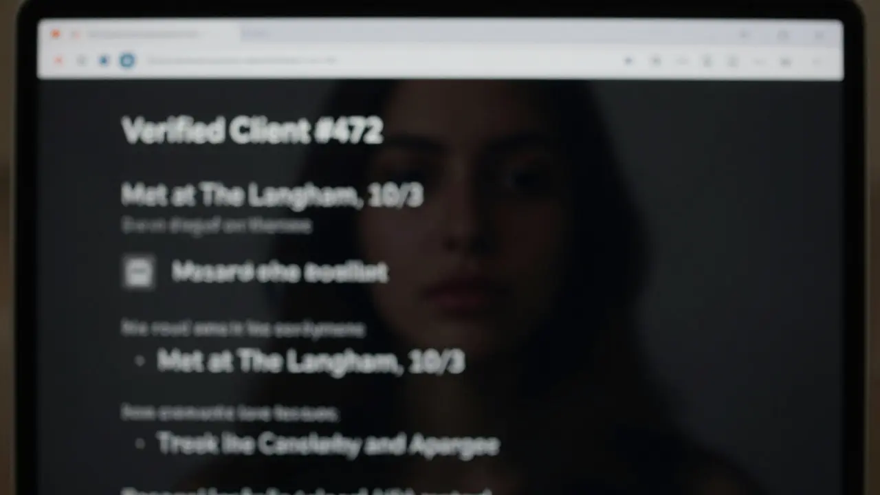 A laptop displaying a private escort forum with blurred text, emphasizing anonymity and verified client references.