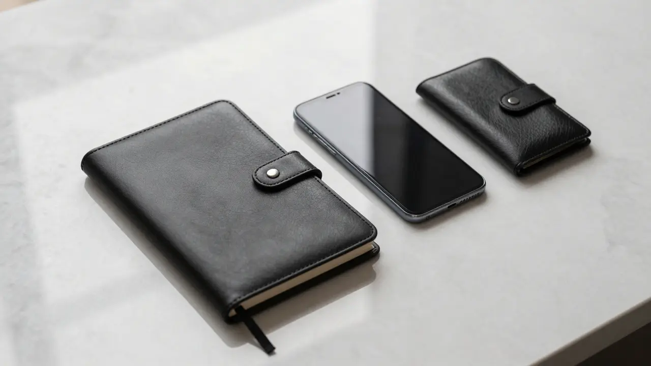 A leather notebook and encrypted digital wallet on marble, symbolizing discreet, professional companionship in Abu Dhabi.