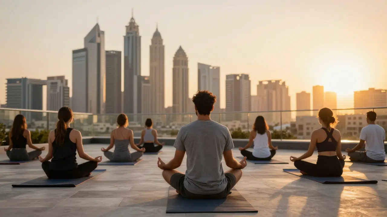 A lone expat participating in a rooftop yoga session in Dubai at sunset, surrounded by others in a peaceful setting.