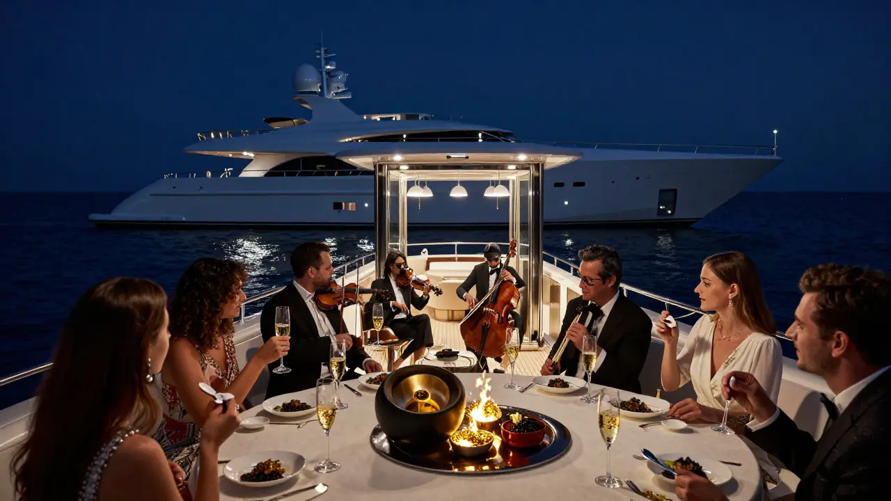 A luxury superyacht at night with a string quartet playing inside, guests sipping caviar under soft floodlights.
