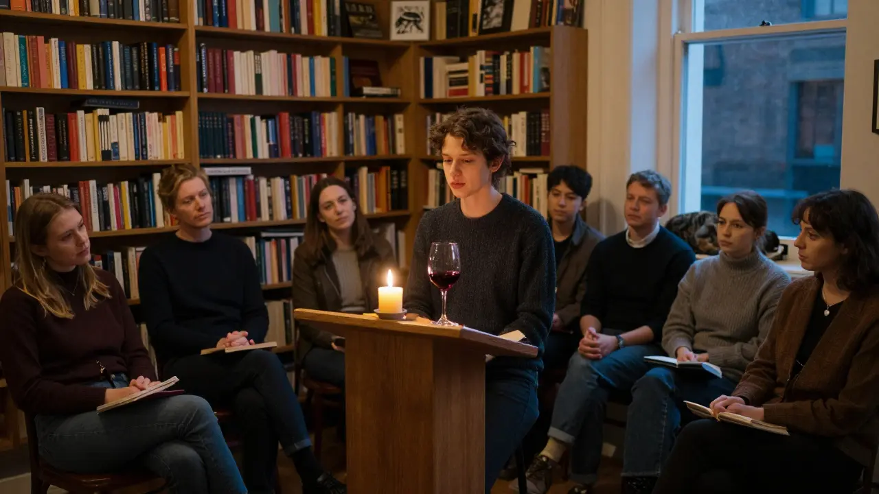 A poet reads aloud to a quiet audience in a candlelit bookshop at midnight.