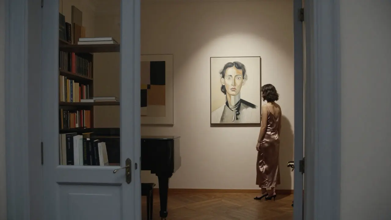 A private art salon in Brera reveals elegant decor and a woman standing beside a curated painting.