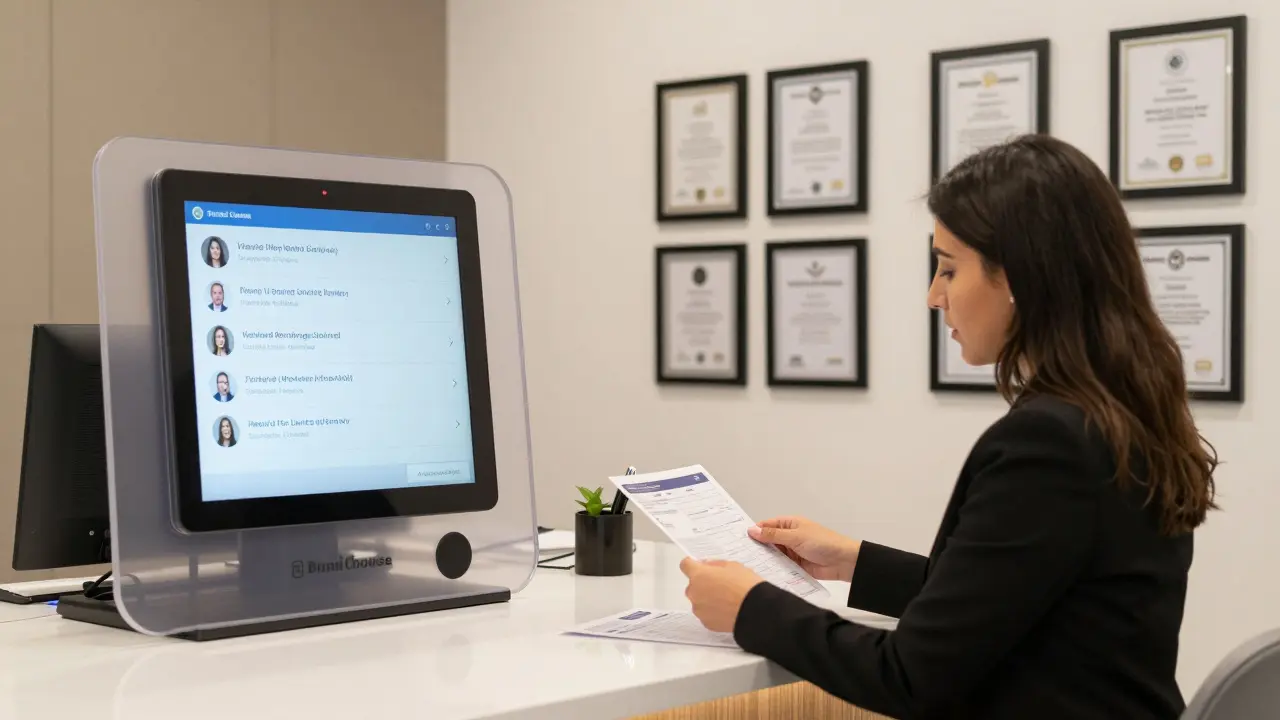 A professional companionship agency office with verified client reviews and ID verification displayed.