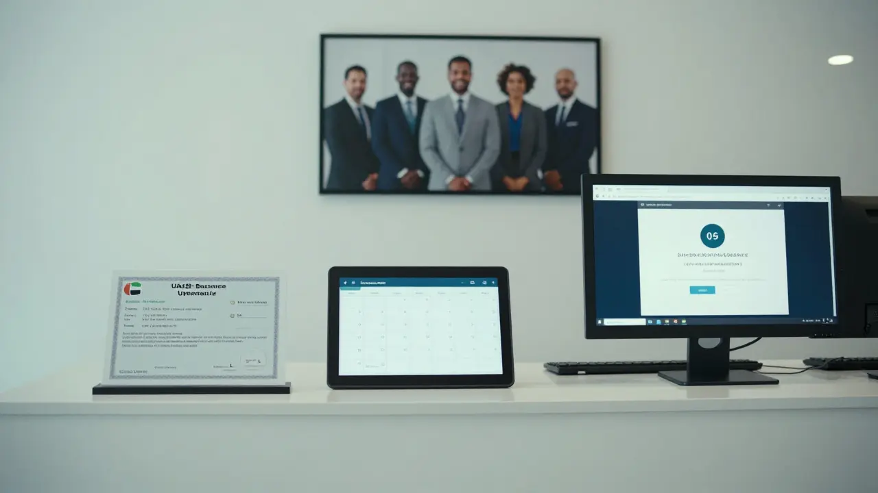 A professional office in Abu Dhabi displays a valid UAE business license and a digital booking calendar.