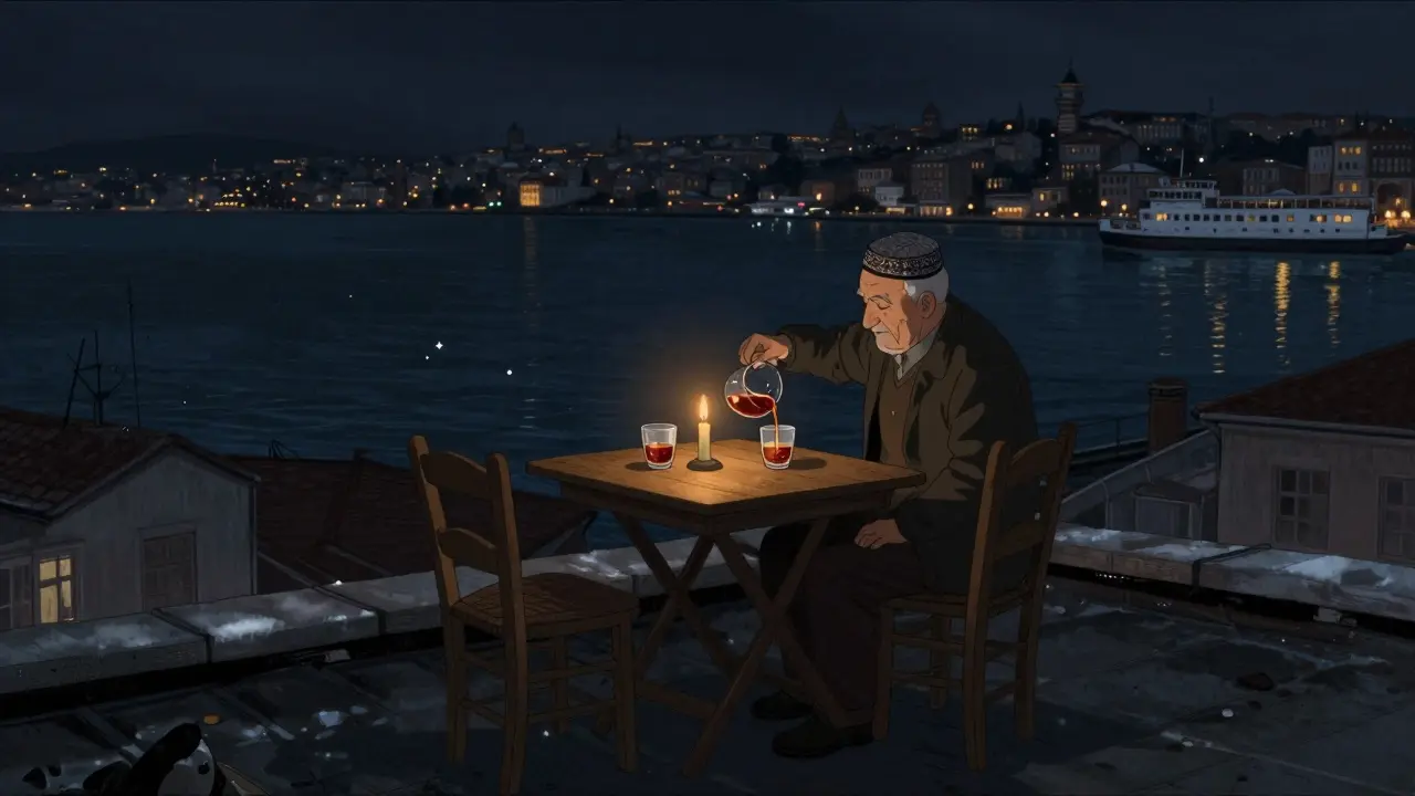 A quiet rooftop in Fatih at midnight, two people sharing cherry brandy as the Bosphorus glows below.
