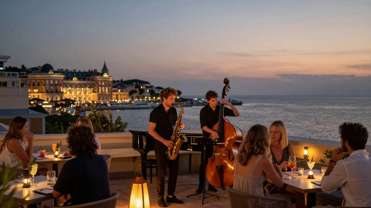 A quiet rooftop jazz lounge at L’Aqua with musicians playing as the harbor lights glow in the distance.