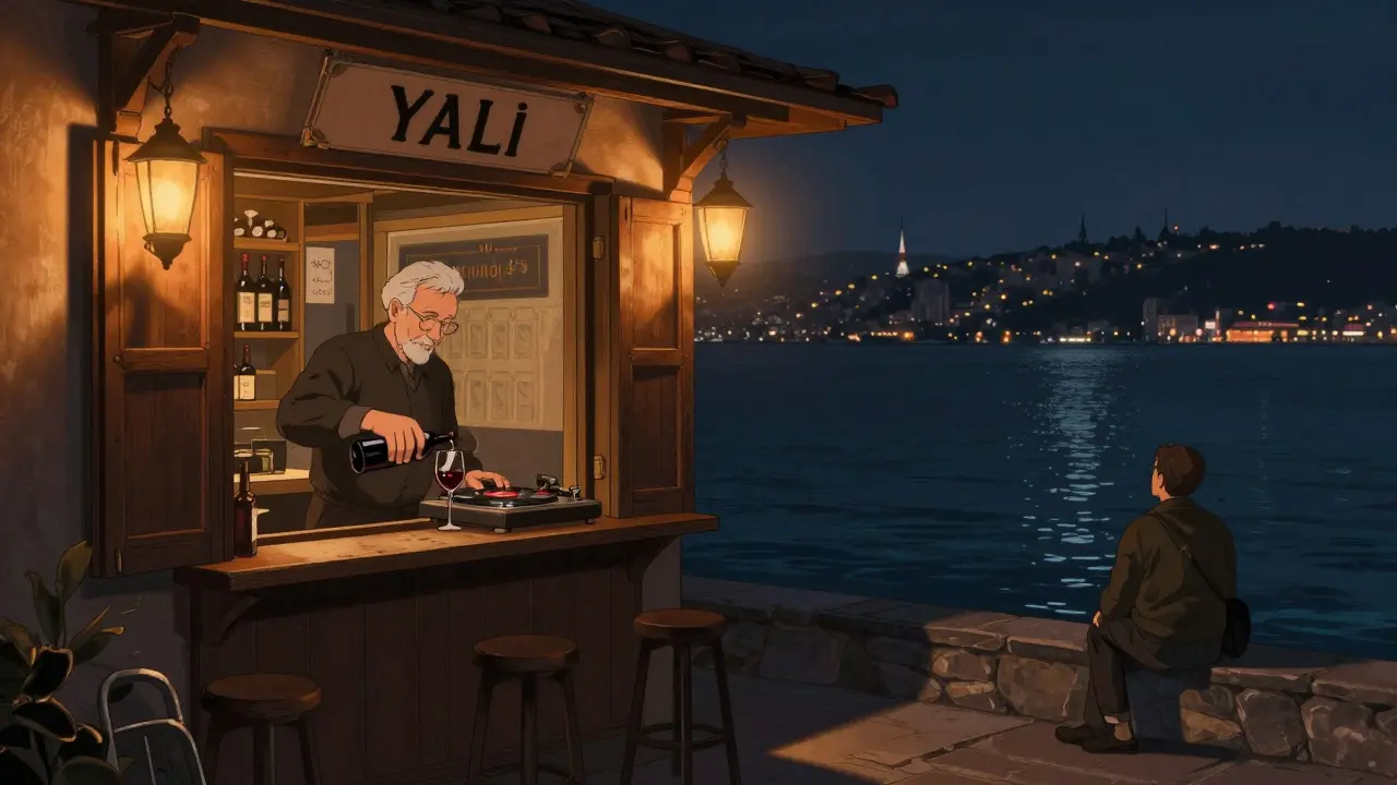 A quiet wine bar by the water at dawn, with someone pouring wine and city lights in the distance.