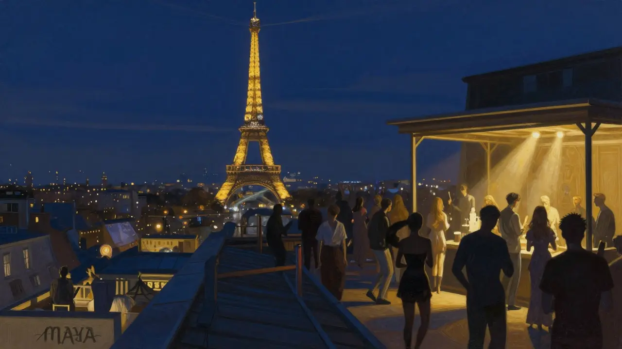 A rooftop party in Paris with the Eiffel Tower glowing behind dancers bathed in moody blue and gold light.