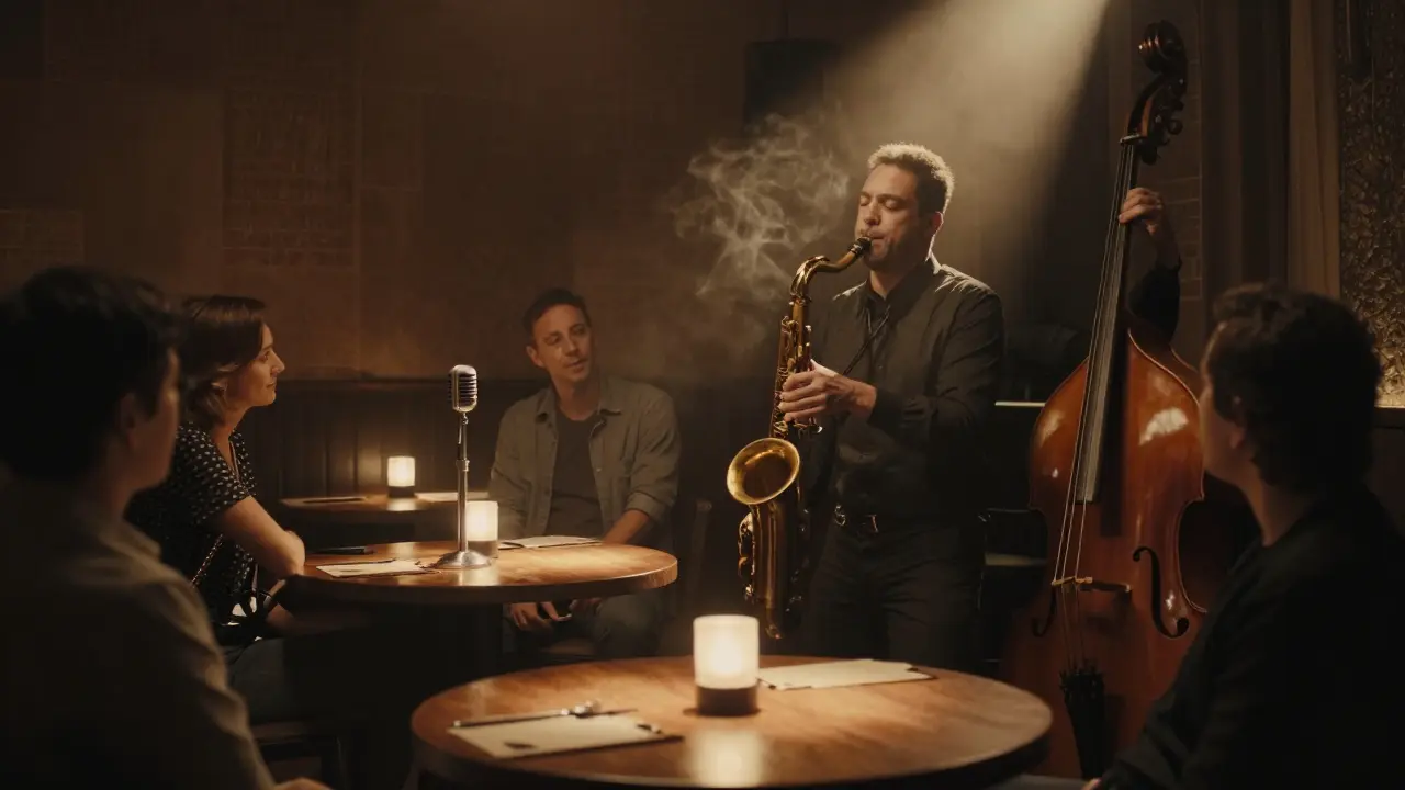 A saxophonist performing in a dimly lit jazz lounge as a small, attentive audience listens in silence.