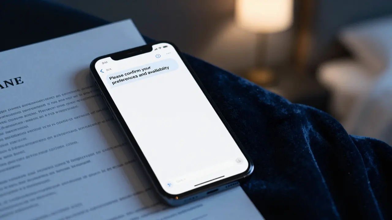 A smartphone screen showing a secure message asking for preferences, beside a signed contract and bank confirmation.