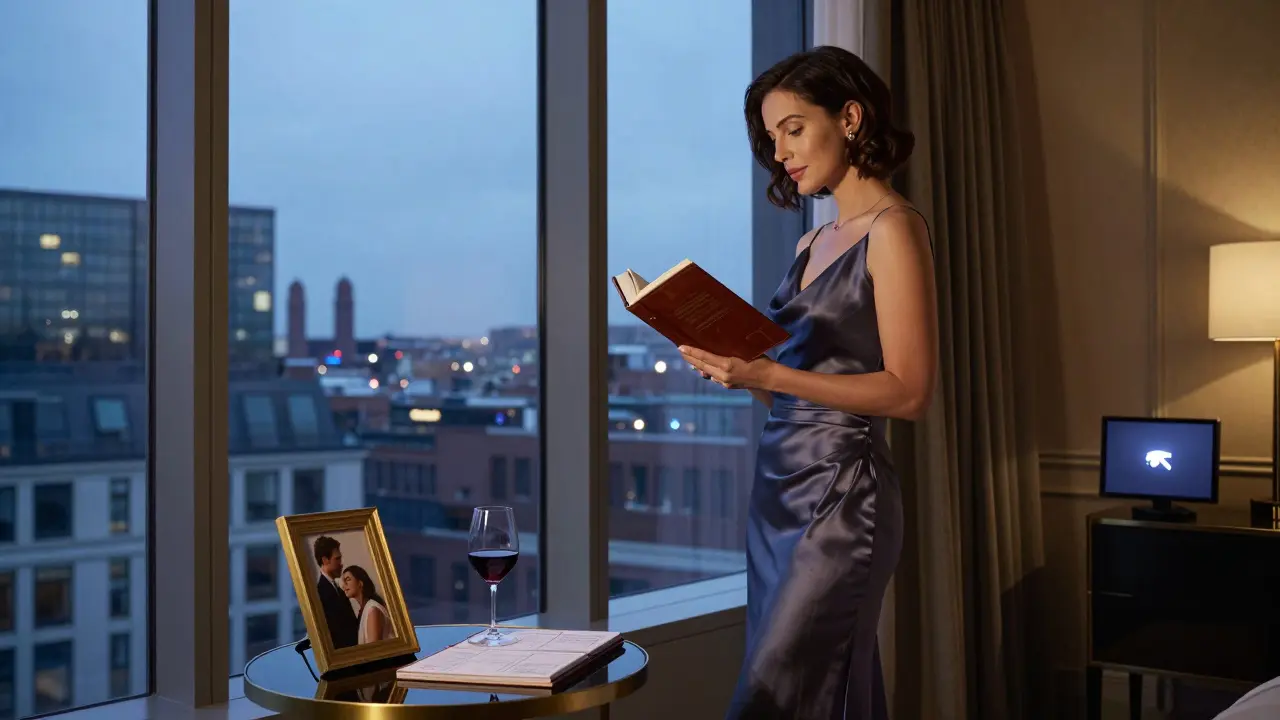 A sophisticated woman in a Mayfair penthouse, surrounded by luxury and personal touches, embodying elite companionship.