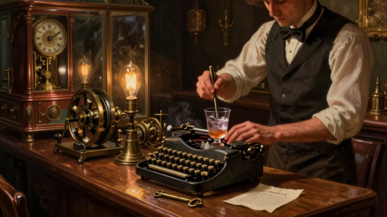 A steampunk-themed cocktail lounge with typewriter tables and hand-cranked lights.