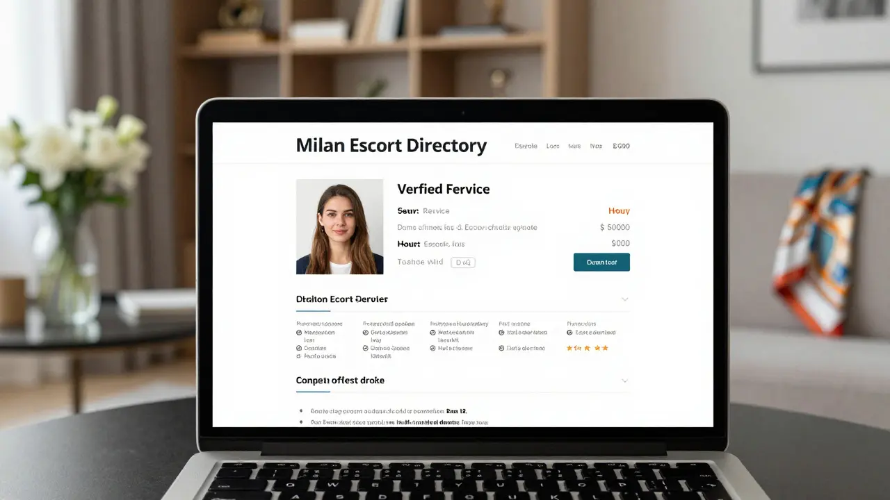 A verified escort profile on a laptop screen with clear details and a tasteful apartment background.