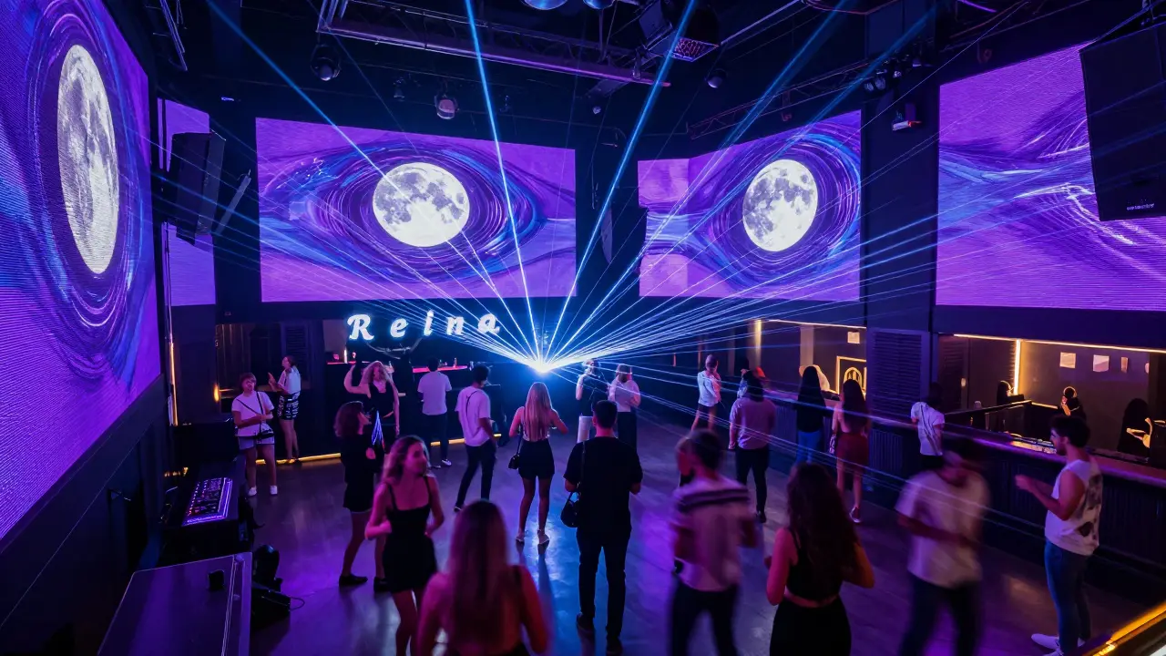 A vibrant nightclub dance floor illuminated by lasers and holographic lights with a crowd dancing energetically.