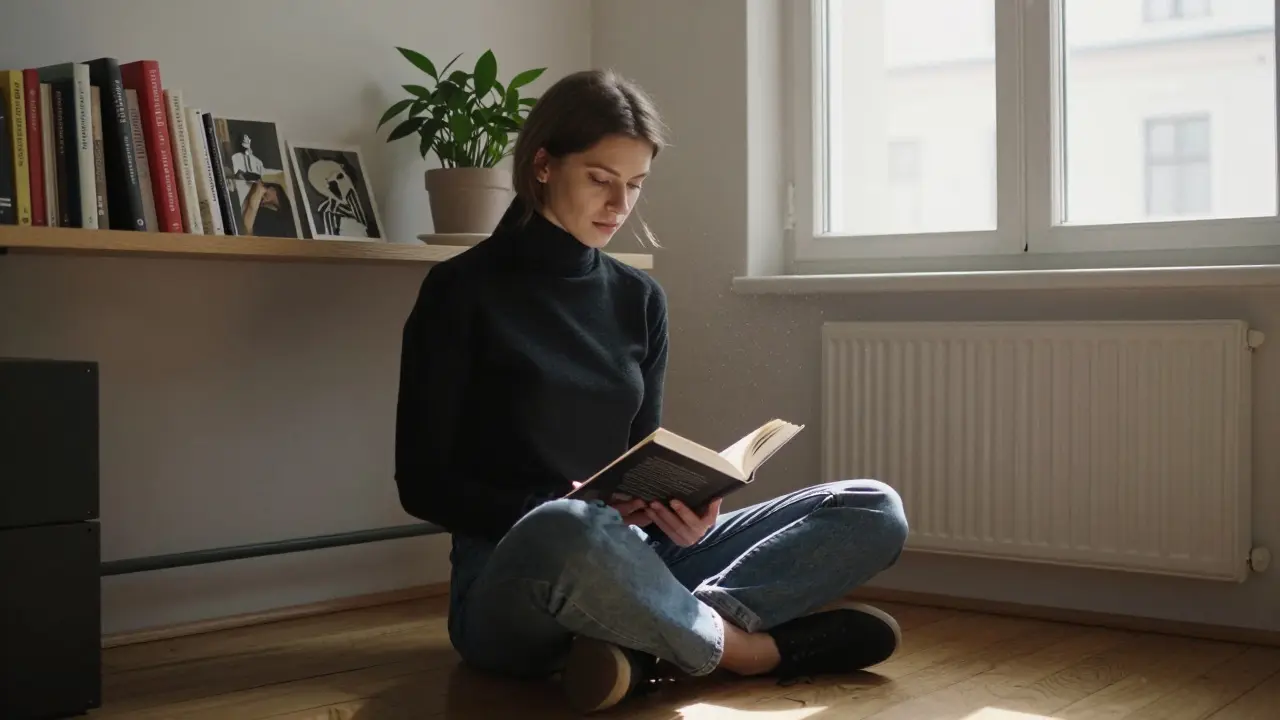 A woman reads a book in a cozy Berlin apartment, surrounded by books and natural light.
