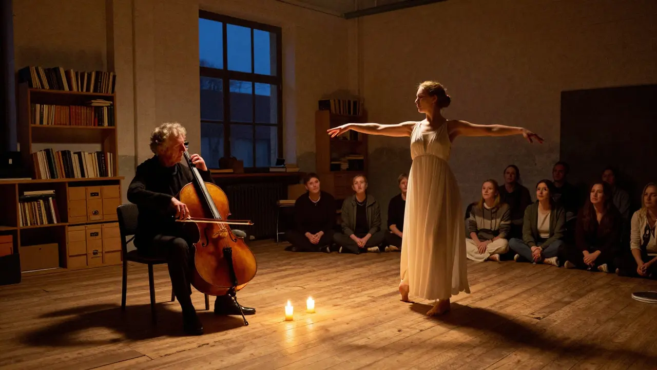 An elderly cellist performs under candlelight in a warehouse, a dancer moving silently as the audience sits in stillness.
