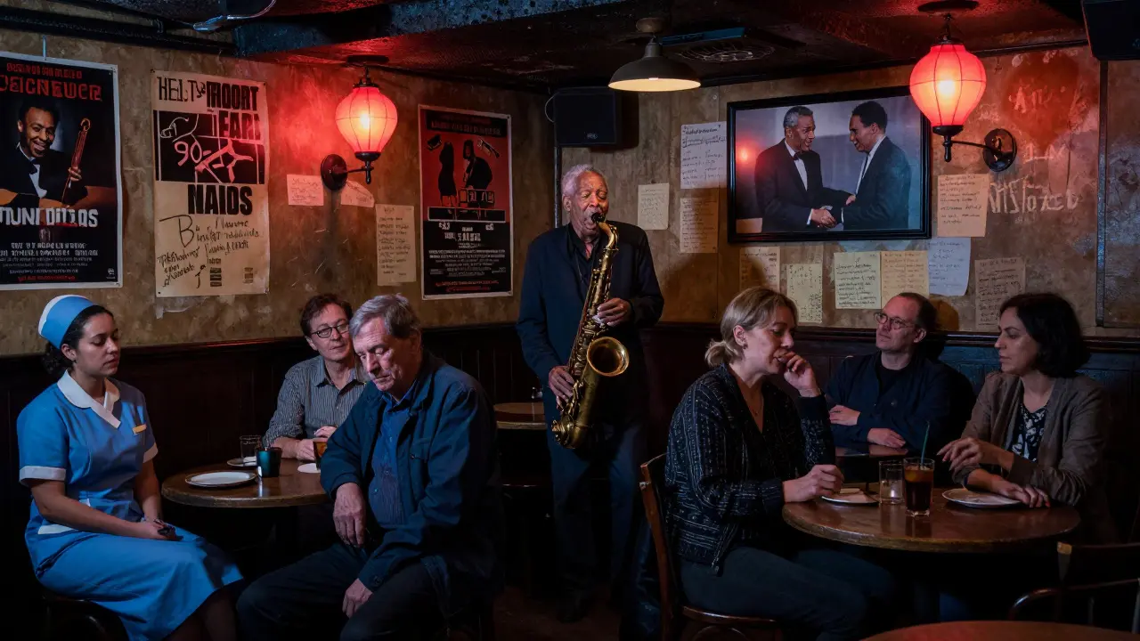 An elderly saxophonist plays soulful jazz in a dim basement bar filled with locals.