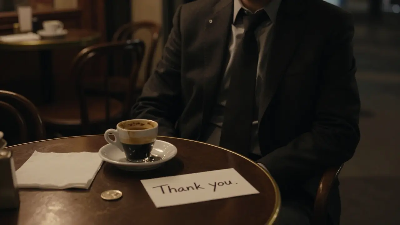 An empty café table in Milan with a euro coin, espresso cup, and handwritten note left behind.