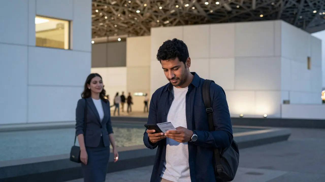 An expat walks toward the Louvre Abu Dhabi at dusk, meeting a professional companion near the entrance.