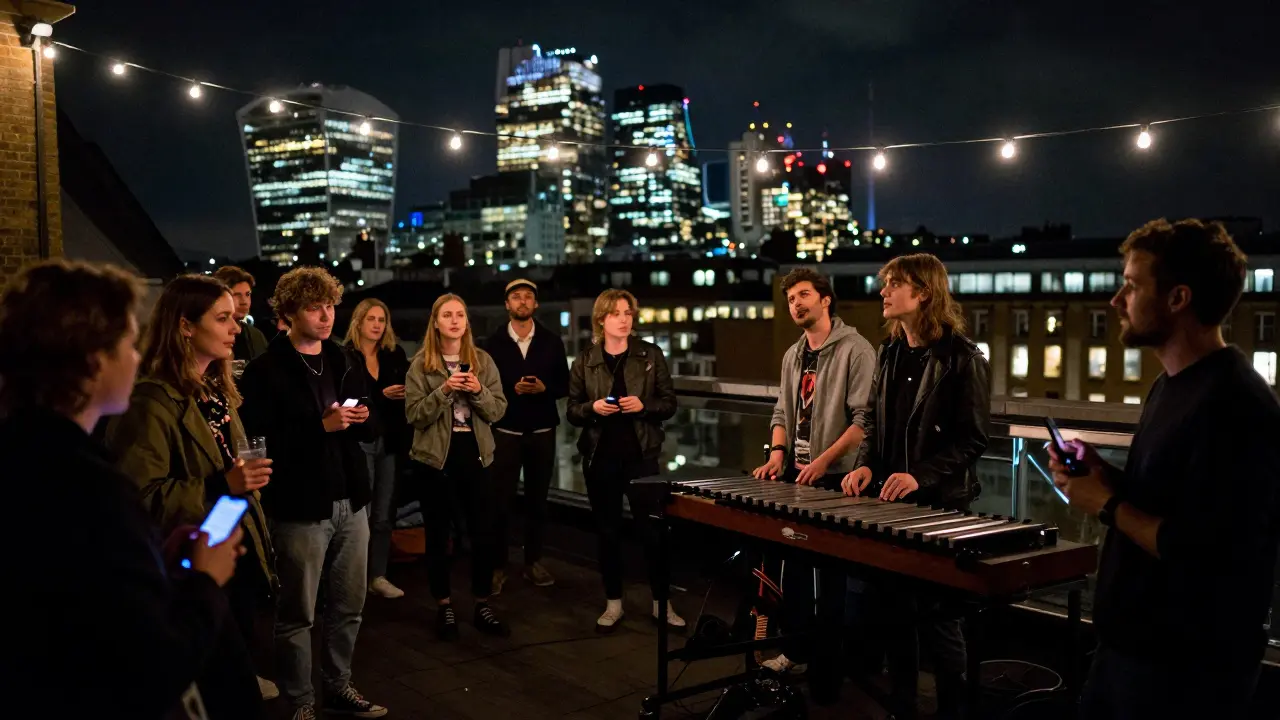 An indie band performs on Shoreditch House's rooftop at night with London's skyline glowing behind a quiet, phone-free crowd.