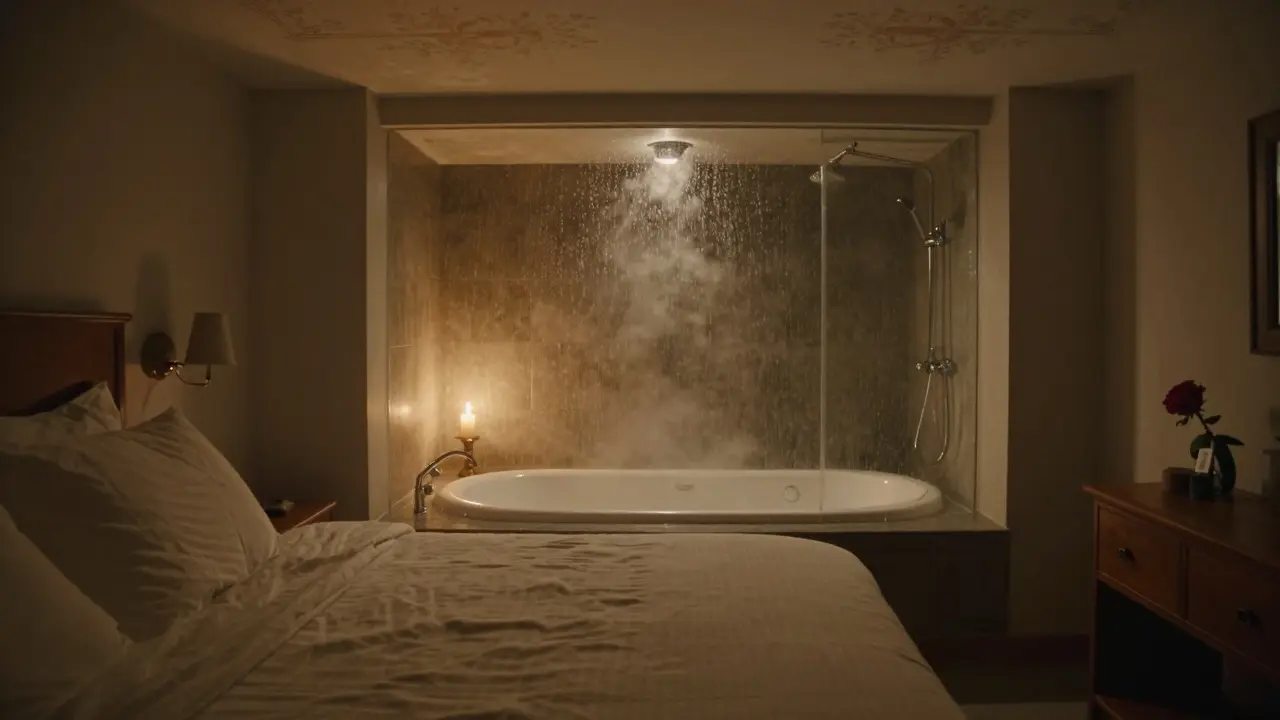An intimate bedroom with a steaming tub, candlelight, and hand-painted ceiling, no electronics visible.