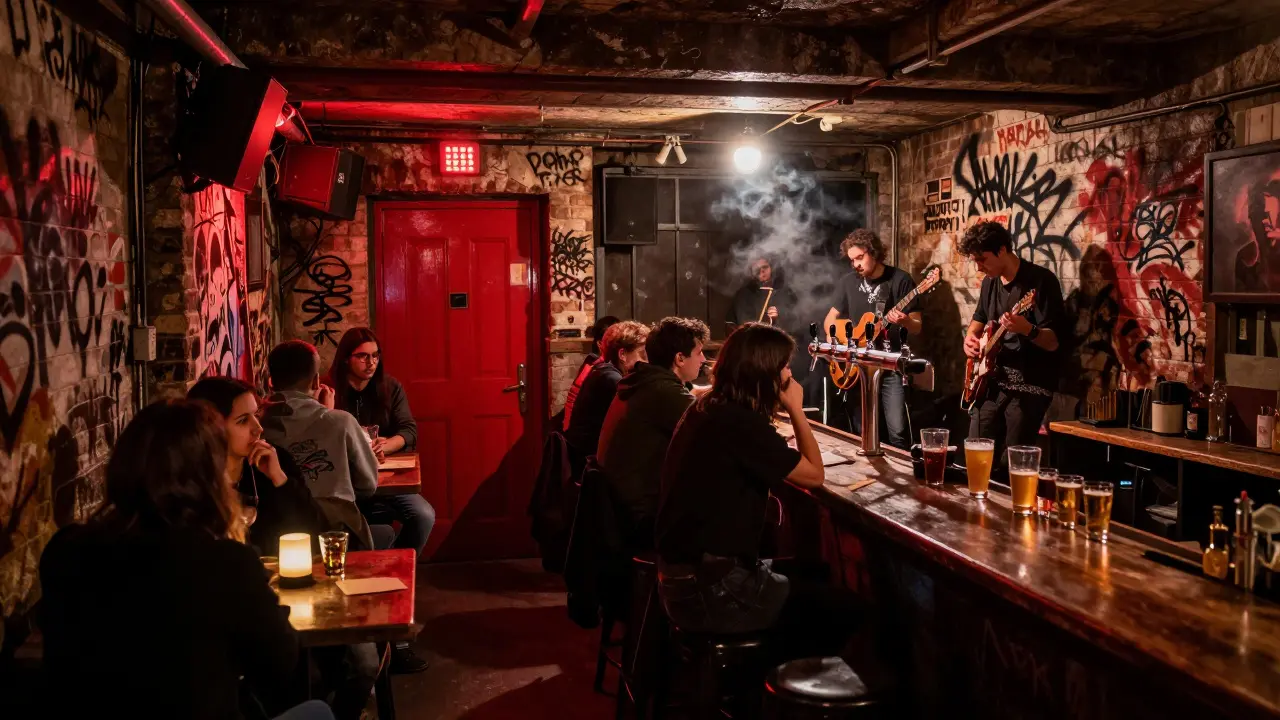 An underground punk bar in Porta Ticinese at night, packed with locals, live band playing, and dim red lighting.