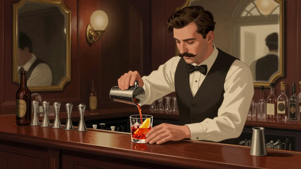 Bartender crafting Negroni at historic Bar Basso in Brera.